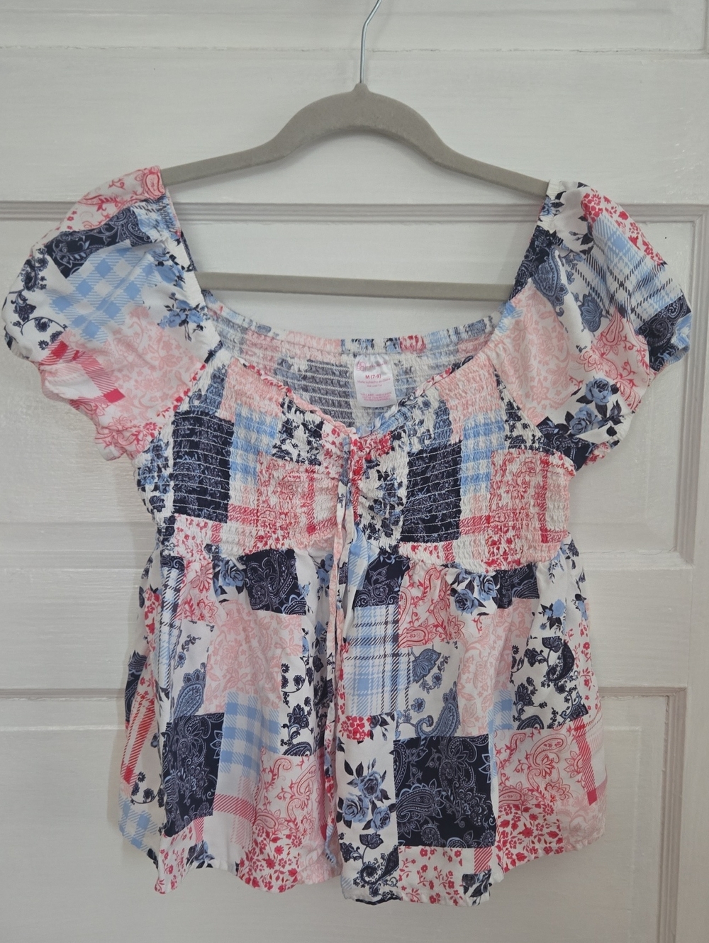 No Boundaries Multicolor Patchwork Smocked Blouse Pink & Blue Girls Medium
